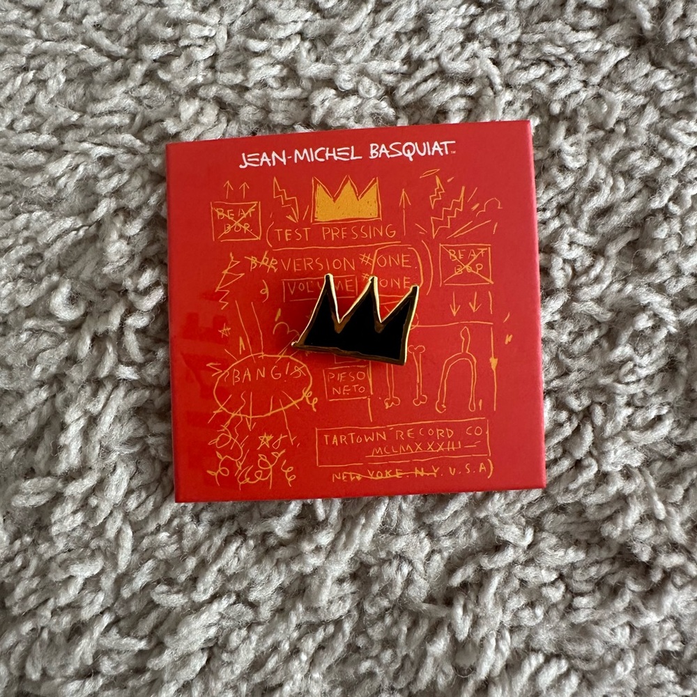 Pintrill Jean Michel Basquiat black gold enamel crown lapel pin suit